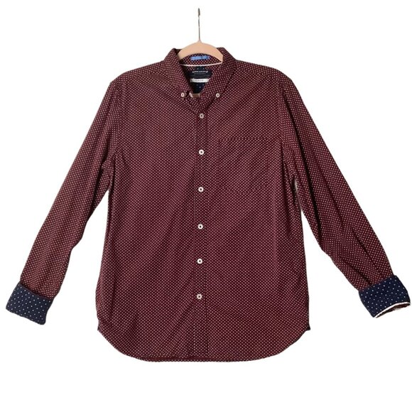 Denim & Flower Micro Dot Button Down Slim Fit Shirt Men Medium Flip Cuff Maroon - Picture 1 of 6